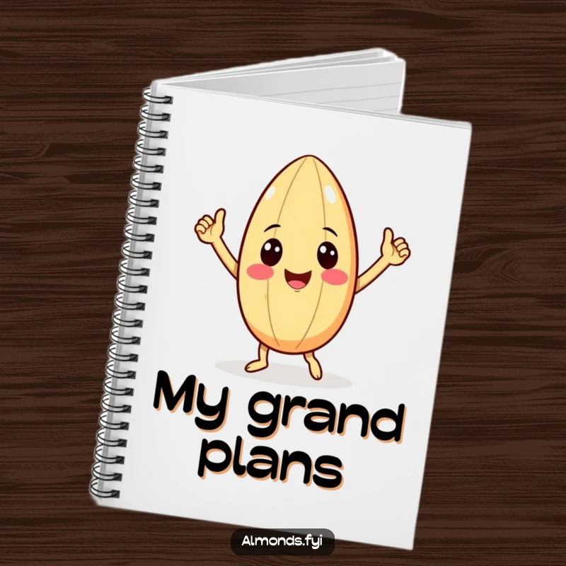Funny notebook cover featuring a smiling almond with tiny arms executing a cheerful victory dance, ready to record your thoughts.