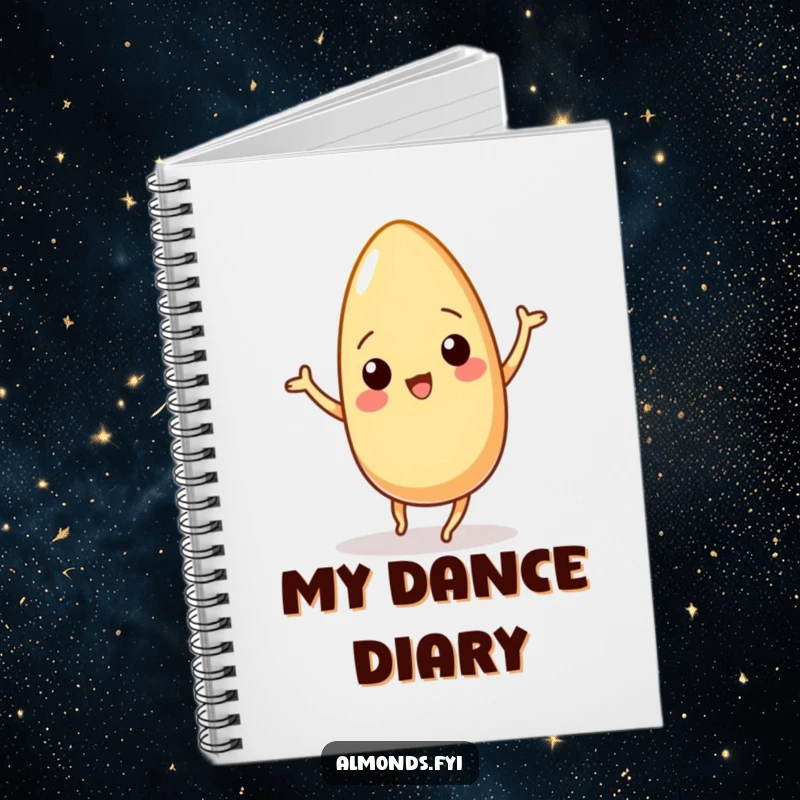 Funny notebook cover with a wiggling almond character engaged in a delightful dance, inspiring creativity and laughter.