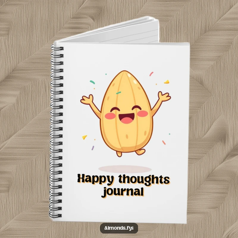 Funny notebook featuring a cheerful almond character jumping with sprinkles, encouraging note-taking for happy thoughts and celebrations.