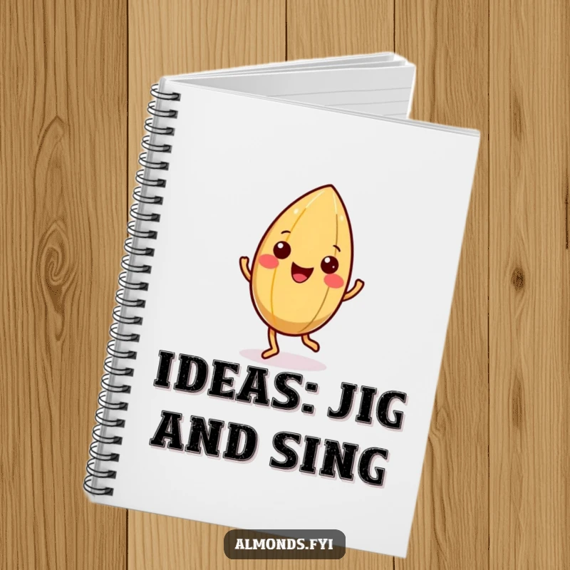 Funny notebook with a happy almond character doing a little jig, its shell wiggling, designed for joyful note-taking.