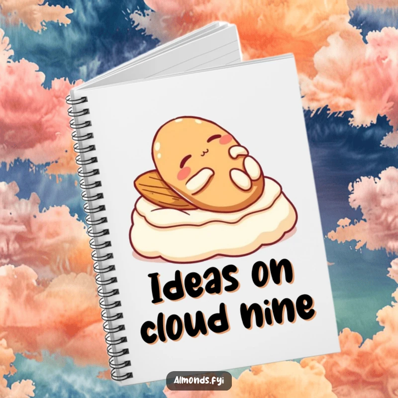 Funny notebook: A relaxed almond character lounging on cream, ideal for capturing peaceful thoughts.