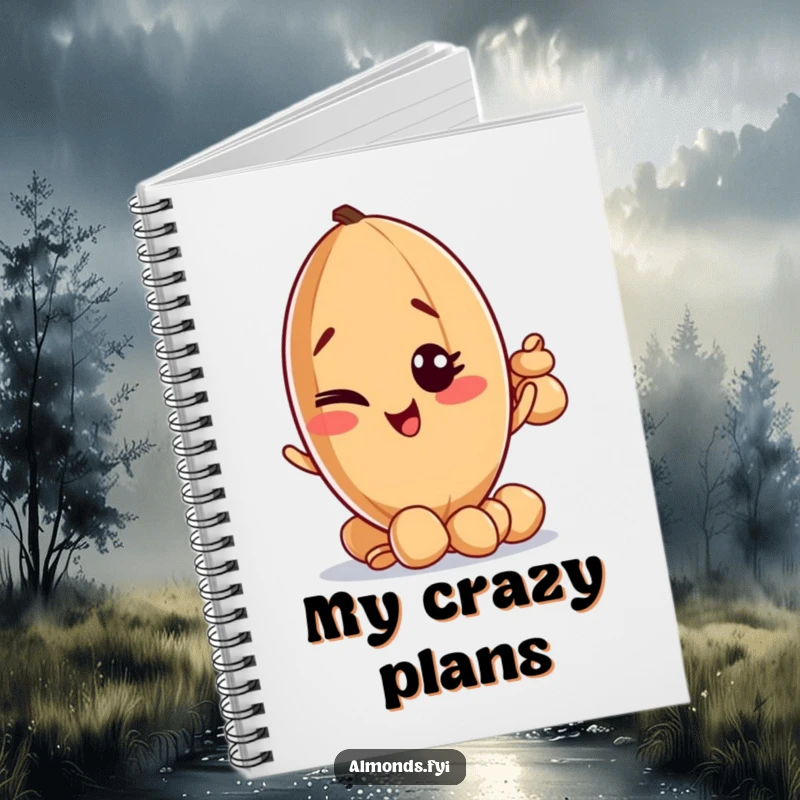 Funny notebook cover featuring a mischievous almond character winking while balancing a small stack of tiny nuts.