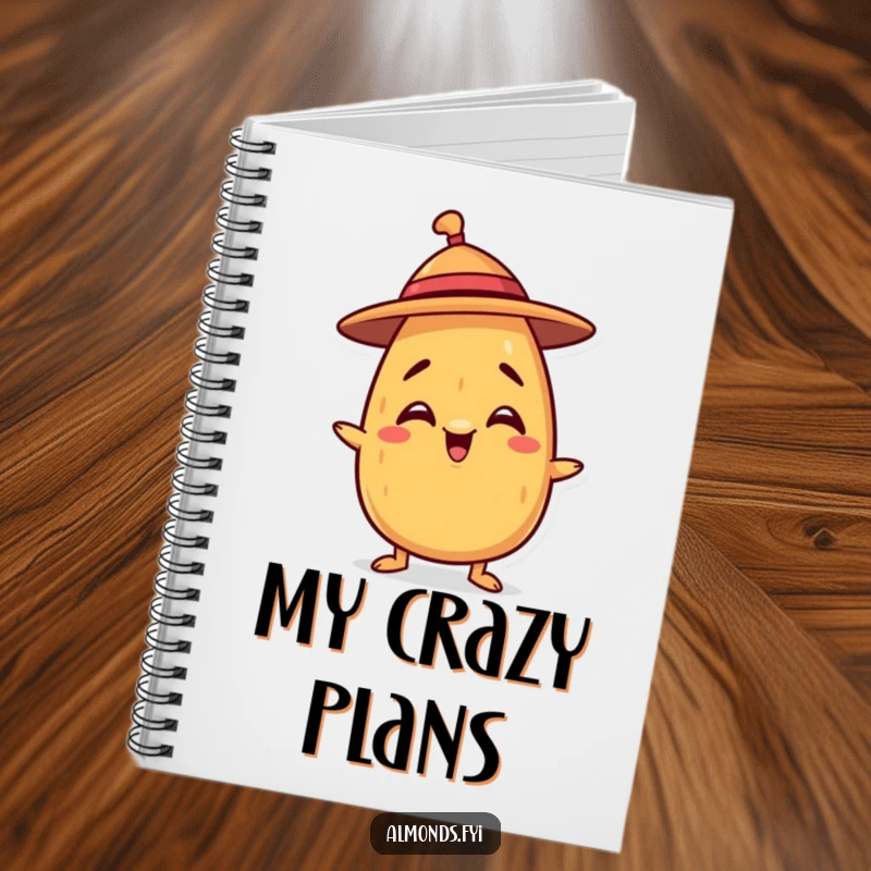 Funny notebook with a mischievous almond character balancing a tiny hat, perfect for notes, journaling, and creative doodles.