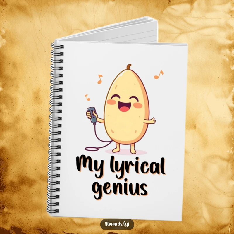 Funny notebook cover with a joyful almond character holding a small microphone, looking eager to sing.