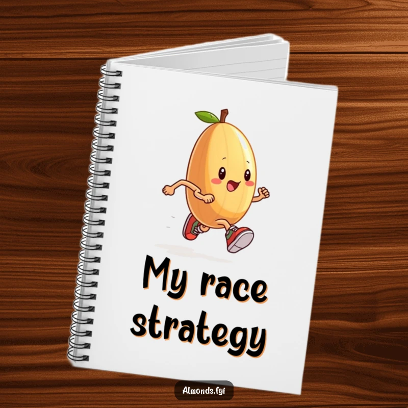 Funny notebook with an anthropomorphic almond wearing tiny sneakers, running a race, symbolizing speed and ideas.