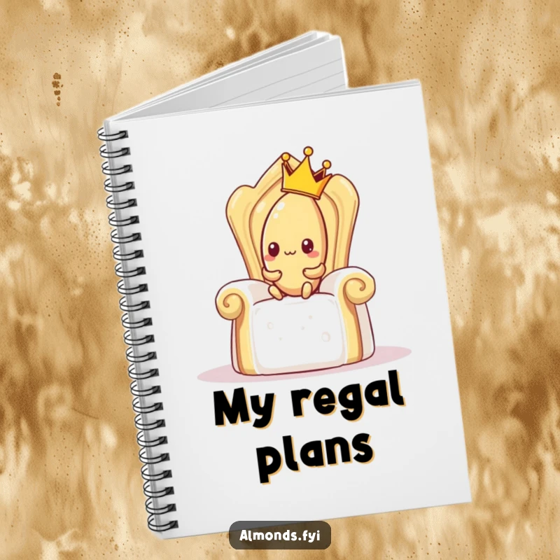 Funny notebook featuring a shy almond with a crown trying to sit on a sugar cube throne, ideal for journaling royal thoughts.