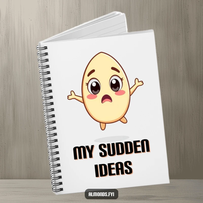 Funny notebook cover featuring a surprised almond character with wide eyes performing a silly jump, ready to record your thoughts.