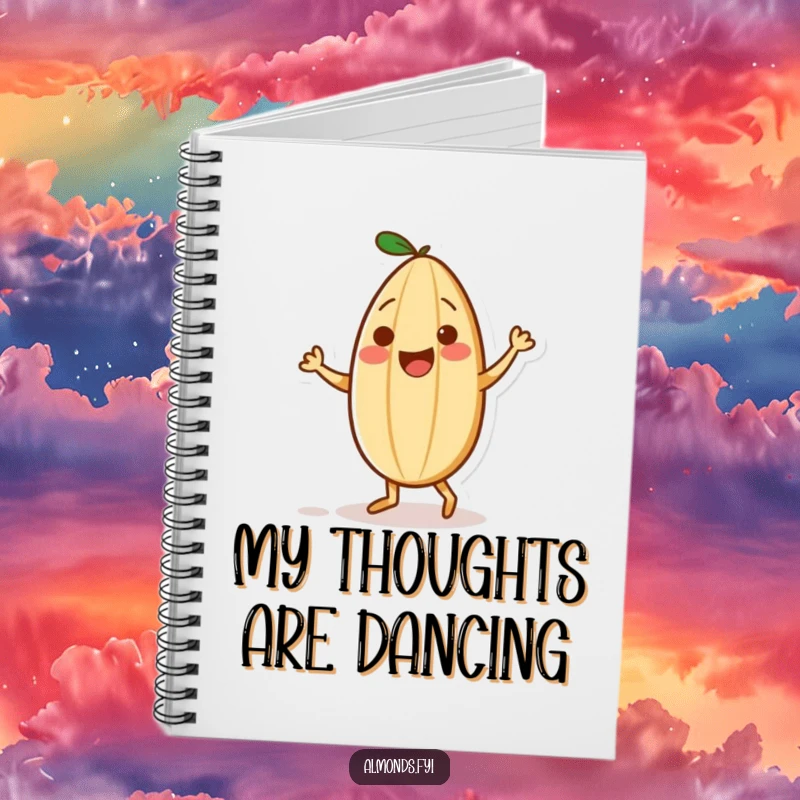 Funny notebook cover with a playful almond character dancing with a small sprinkle partner, inspiring creative movement.