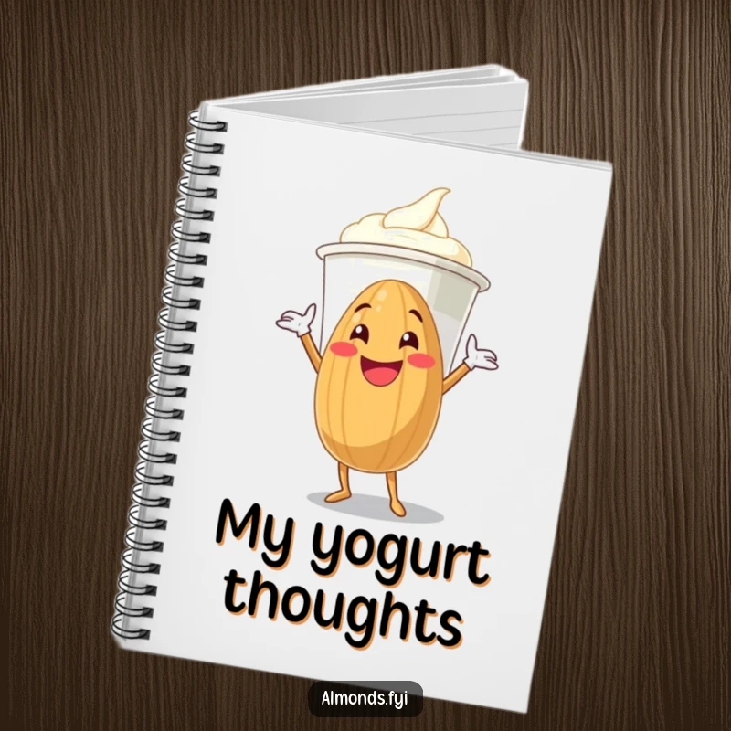 Funny grinning almond character attempting to hug a giant yogurt cup on a notebook cover, perfect for journaling.