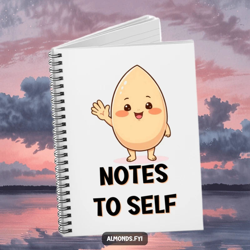 Funny notebook with a chubby, blushing almond character offering a friendly wave, perfect for jotting down cheerful notes.