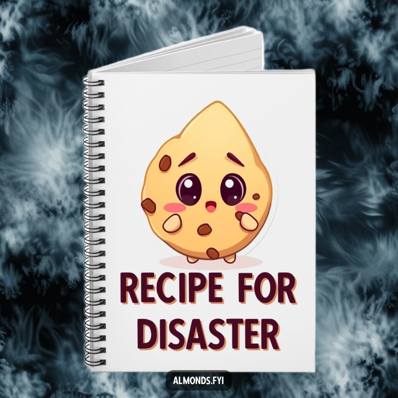 Funny notebook cover with a surprised almond character with wide eyes fixated on a huge cookie, inspiring sweet ideas.