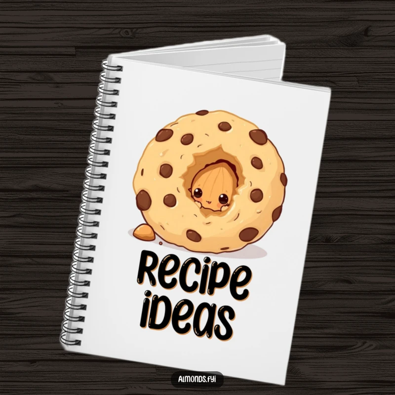 Funny notebook cover with a curious almond character peeking from behind a large cookie crumb, ready to jot down secret recipes.
