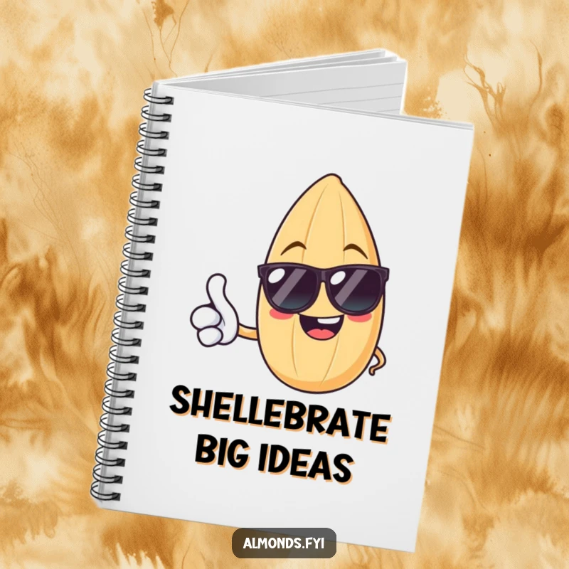 Funny notebook with a cheerful almond in sunglasses giving a thumbs up, perfect for notes, journaling, and creative ideas.