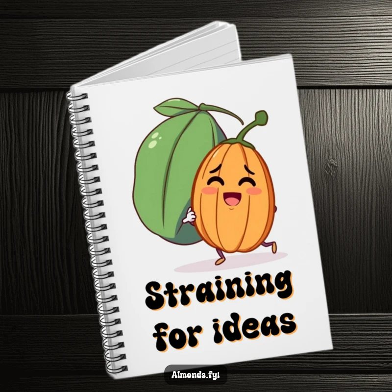 Funny notebook with a determined almond character pushing a large, friendly raisin, perfect for writing.