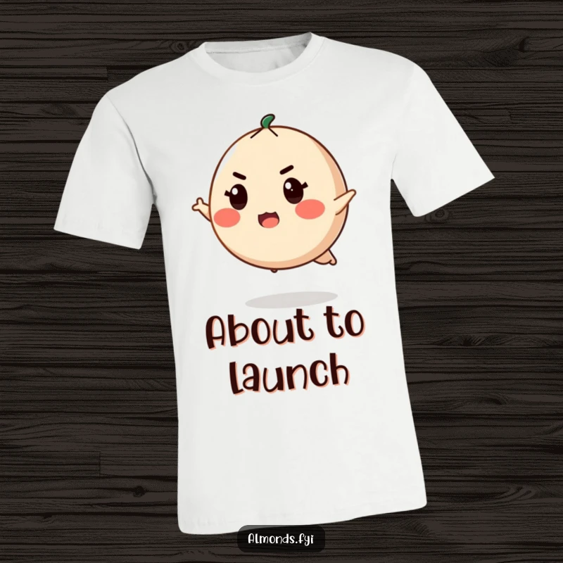 Funny t-shirt depicting a determined, round almond character with a focused expression, ready to take a powerful leap.