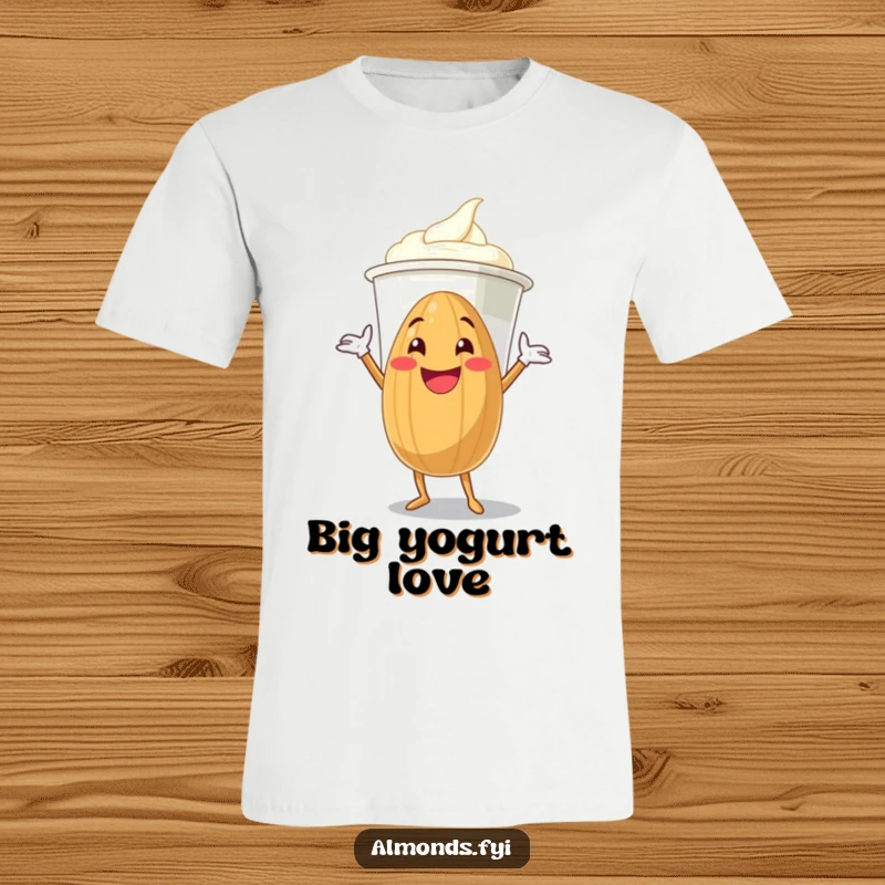Funny grinning almond character with outstretched arms, hugging a giant yogurt cup on this humorous t-shirt.