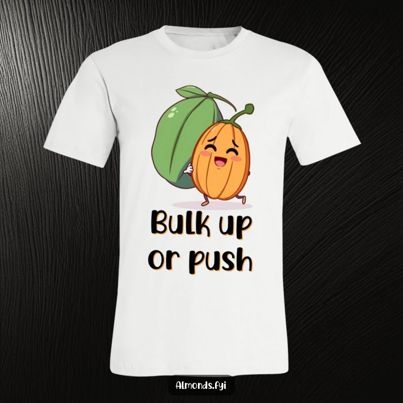 Funny t-shirt with a determined almond character comically pushing a very large, friendly raisin, illustrating effort.