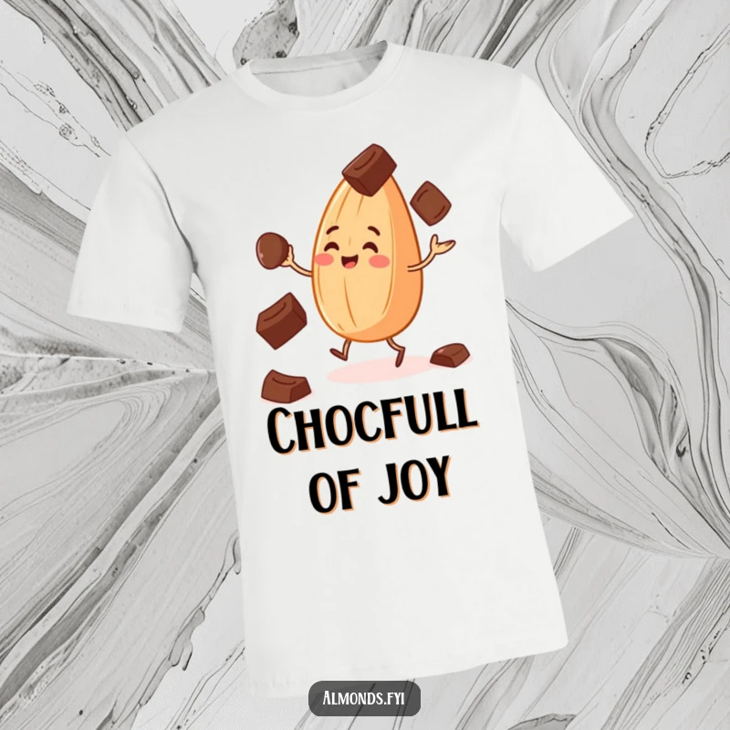 Funny T-shirt depicting a cheerful almond juggling chocolate chips, celebrating sweet treats with humor.