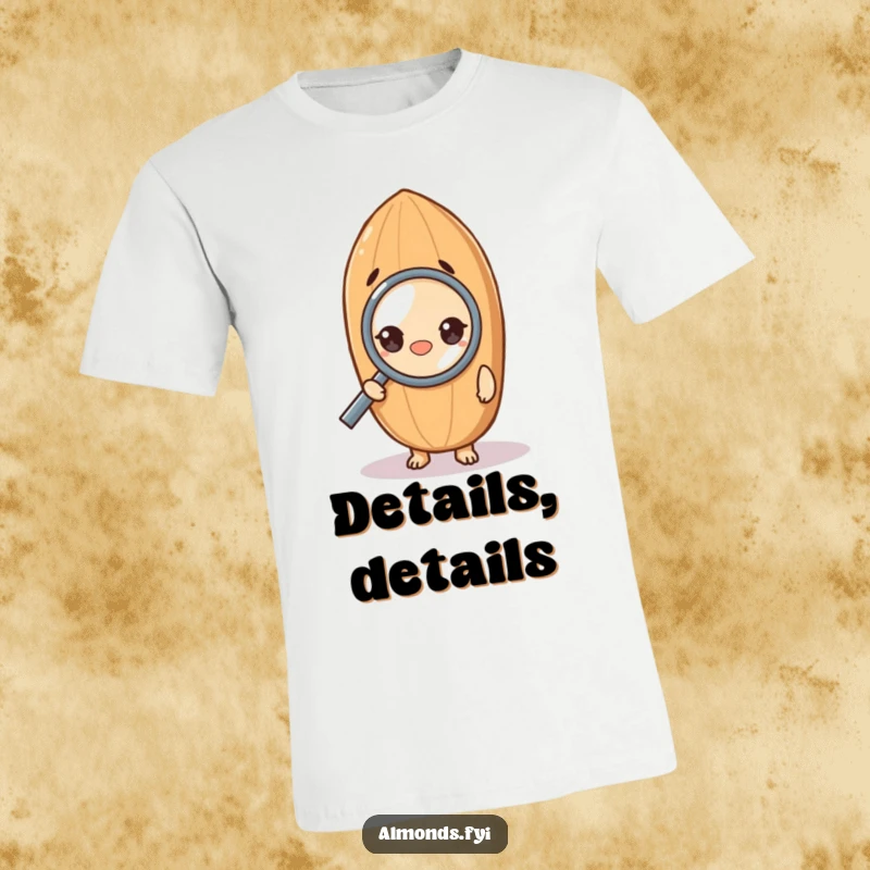 Funny t-shirt featuring a curious almond character peering intensely through a magnifying glass, highlighting investigation and snack appreciation humorously.
