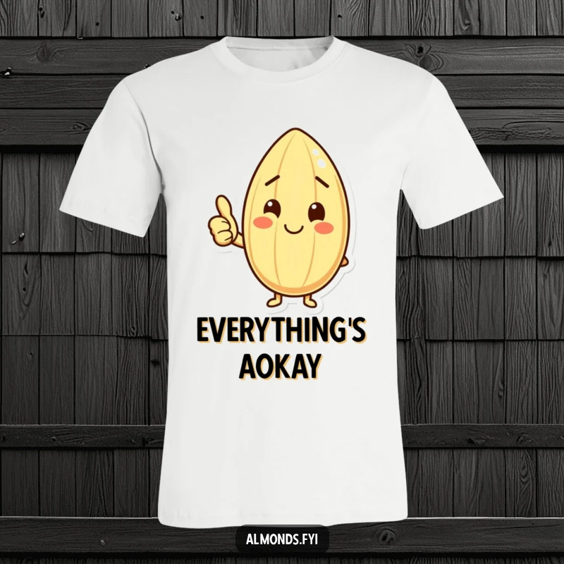 Funny t-shirt displaying a happy almond character giving a clear thumbs up with a contented smile, embodying approval.