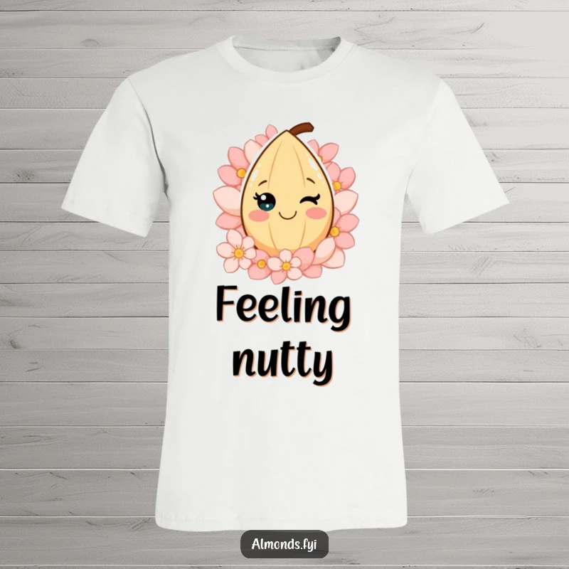 Funny t-shirt featuring a smiling almond character surrounded by vibrant petals, radiating joy and a cheerful, floral aesthetic.