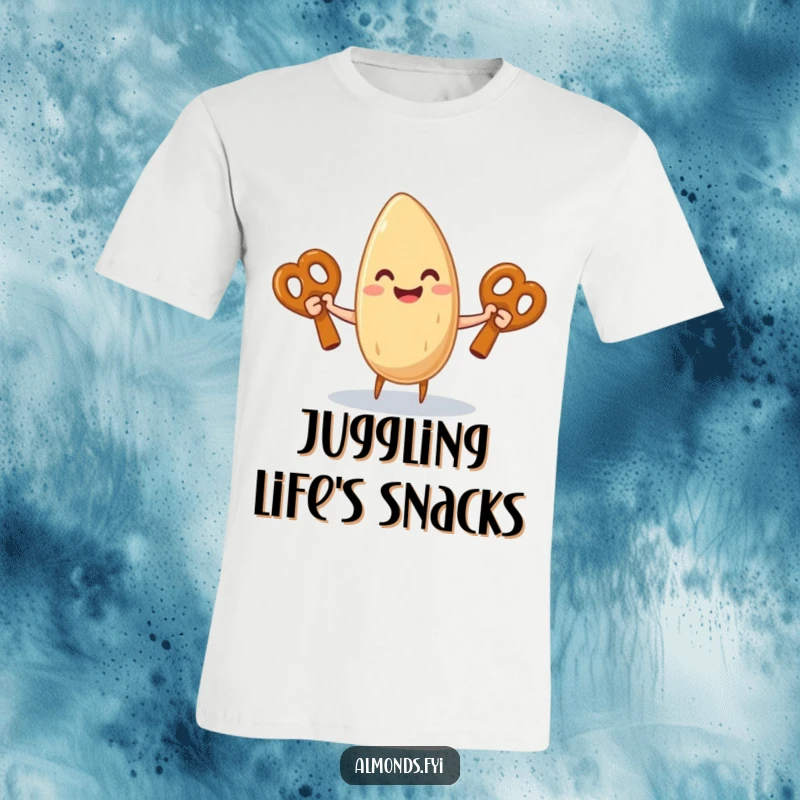 Funny t-shirt: an ecstatic almond character playfully juggles three enormous pretzel sticks, beaming with pure joy.
