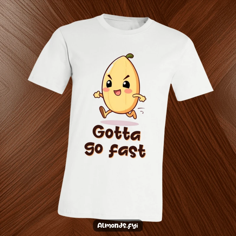 Funny Almond Sprinter T-Shirt: An excited almond character with a determined face, sprinting forward with focus. Great funny gift.
