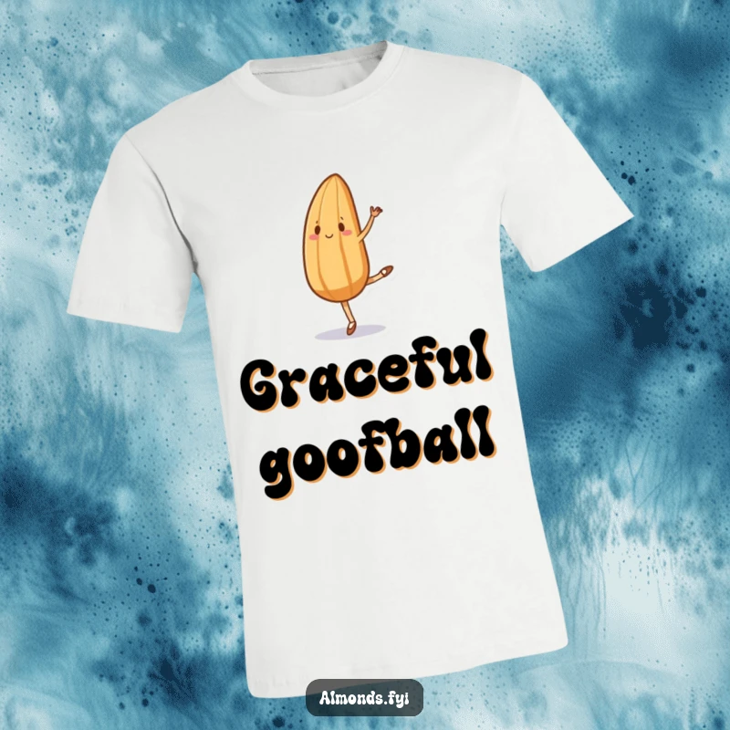 Funny t-shirt featuring an almond character struggling comically to perform ballet, limbs flailing with a determined, funny expression.