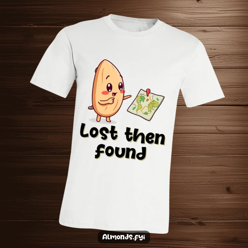 Funny T-shirt with a curious almond character excitedly pointing at a miniature map, embodying pure wanderlust.