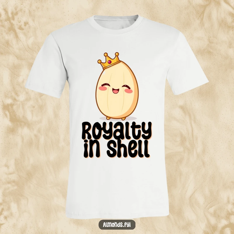 Funny T-shirt print of a giggling almond character wearing a tiny, sparkling crown, exuding regal and amused vibes.
