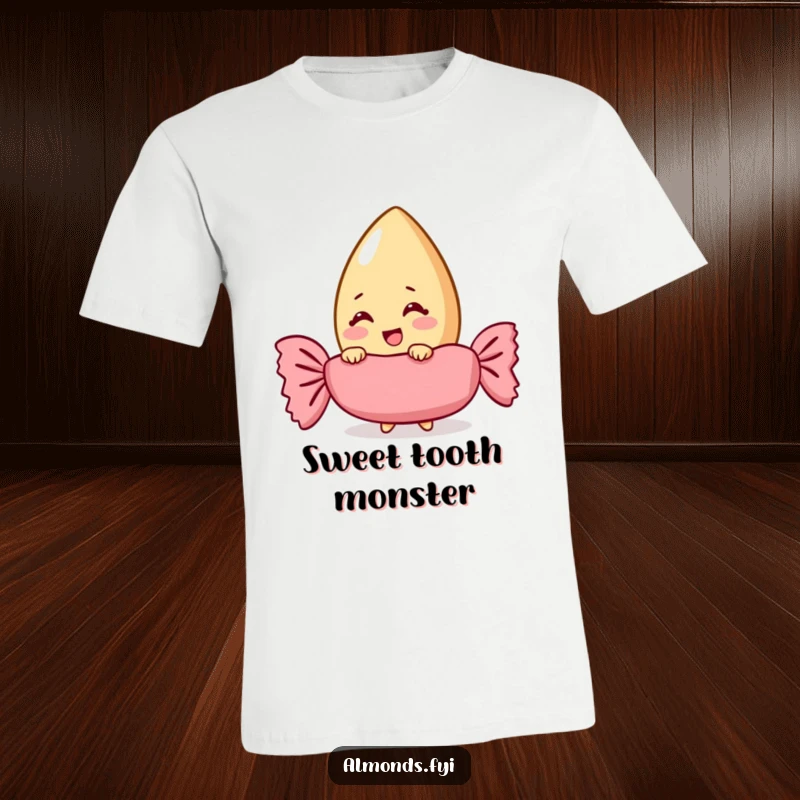 A giggling almond character playfully peeking from behind a giant candy wrapper on a fun and humorous t-shirt.