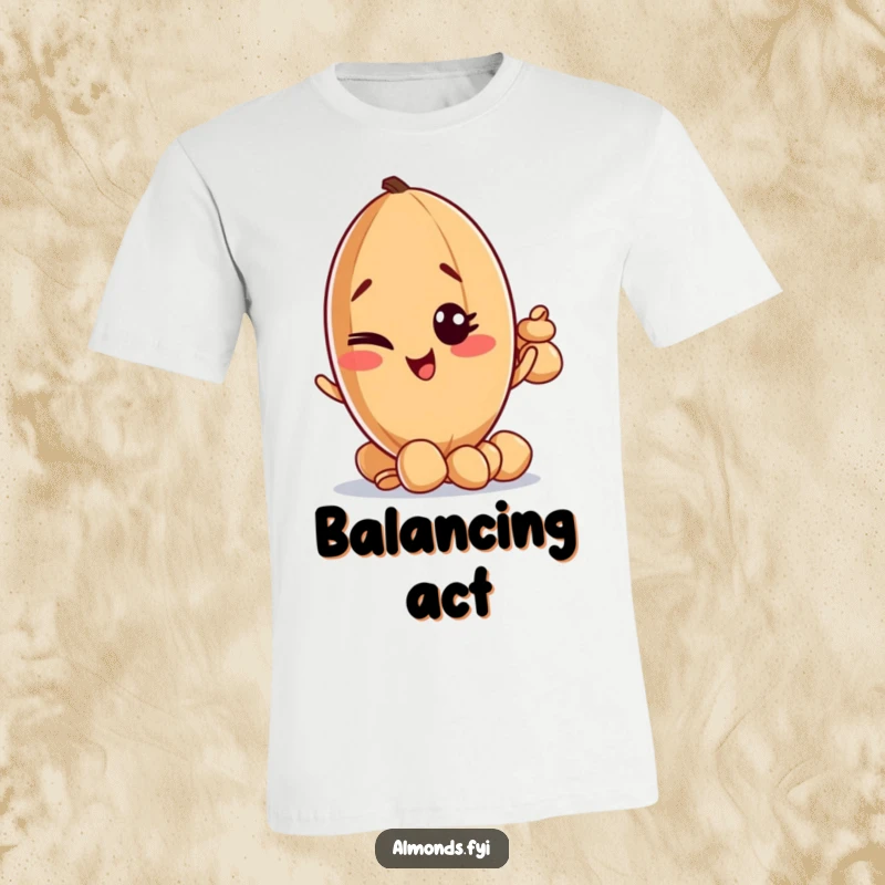 Funny T-shirt with a sly, winking almond character skillfully balancing a tall pile of miniature nuts.