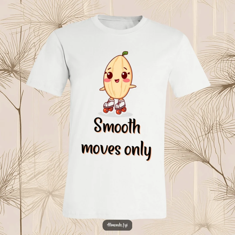 Funny t-shirt: A cheerful almond character wearing tiny roller skates, gliding along with a big smile.