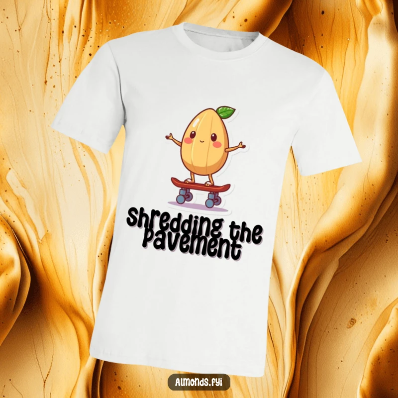 Funny T-shirt print of a whimsical almond character balancing precariously on a tiny skateboard.