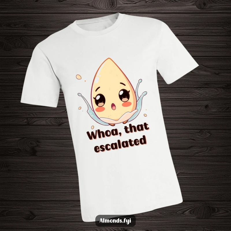 A surprised almond character with huge, wide eyes, unexpectedly floating in a playful water splash on a t-shirt.