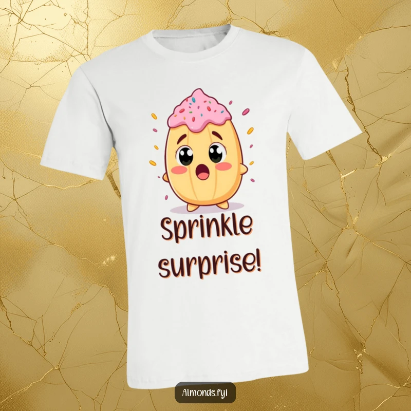 Funny t-shirt: an ecstatic almond character with wide, shocked eyes, fixated on an enormous, colorful sprinkle.