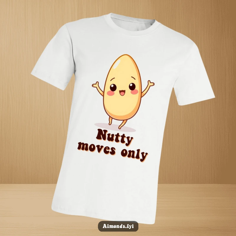 Funny t-shirt with a wiggling almond character in a dynamic, playful dance stance, perfect for spreading laughter and good vibes.