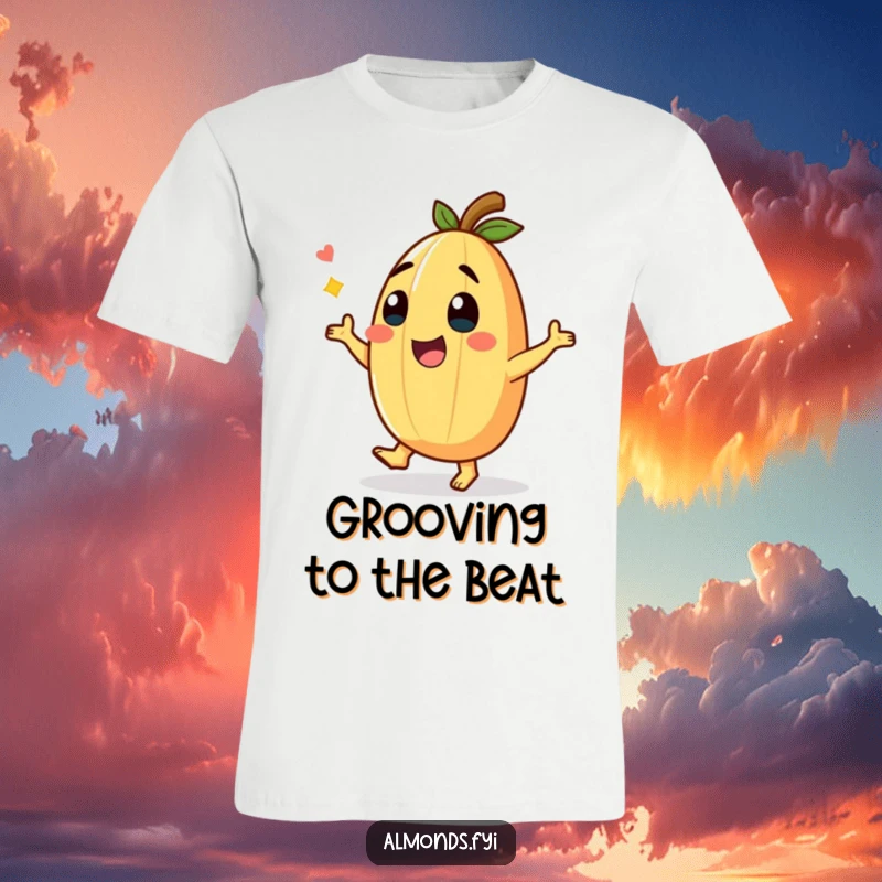 Funny T-Shirt with a giggling almond character doing a funny dance, radiating infectious joy and humorous movement.