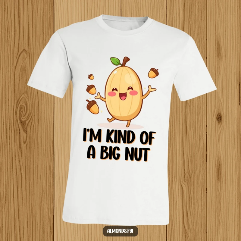 Funny Almond Juggler T-Shirt: A cheerful, happy almond character shown mid-juggle with tiny acorns, embodying fun and energy. A great gift.