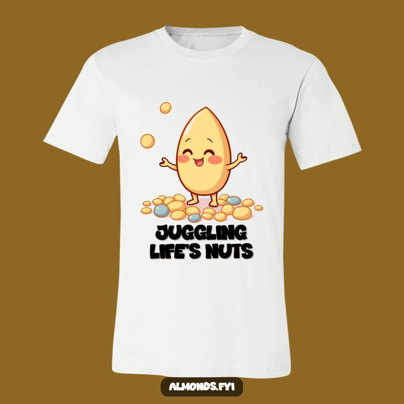 Funny Juggling Almond T-Shirt: Energetic Nutty Character Tee for Fun