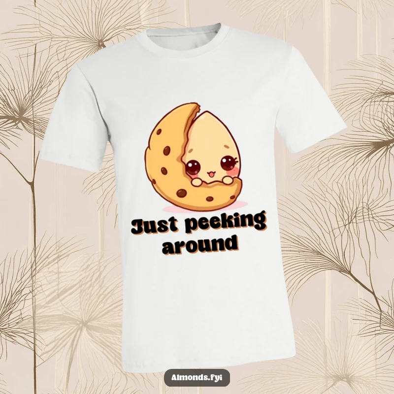 Funny T-shirt featuring a curious almond character stealthily peeking from behind a cookie. Great funny gift.