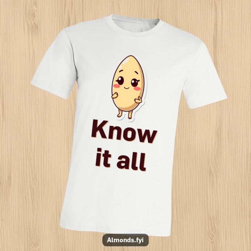 Funny t-shirt: charming almond character giving a confident wink and a slight smile, projecting playful self-assurance.