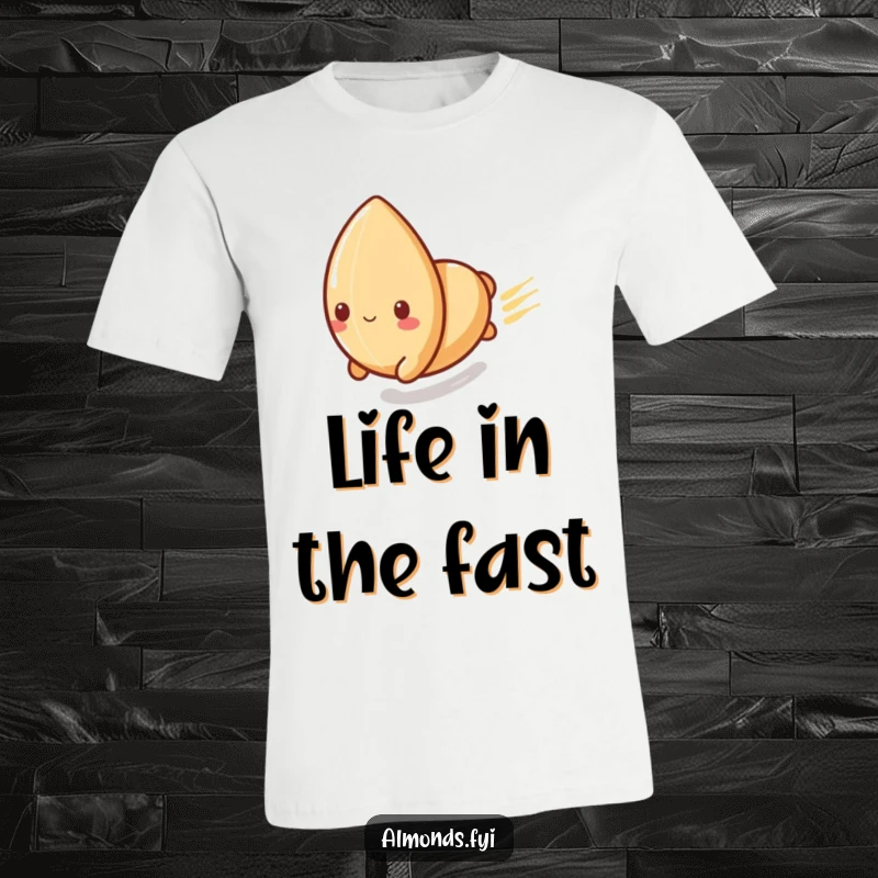 Funny t-shirt featuring a playful almond character sliding down a polished surface at high speed, embodying exhilaration and fun.