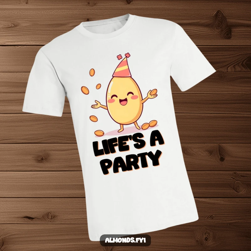 Funny t-shirt featuring a happy almond character in a festive party hat, energetically juggling smaller almonds, embodying pure celebration.