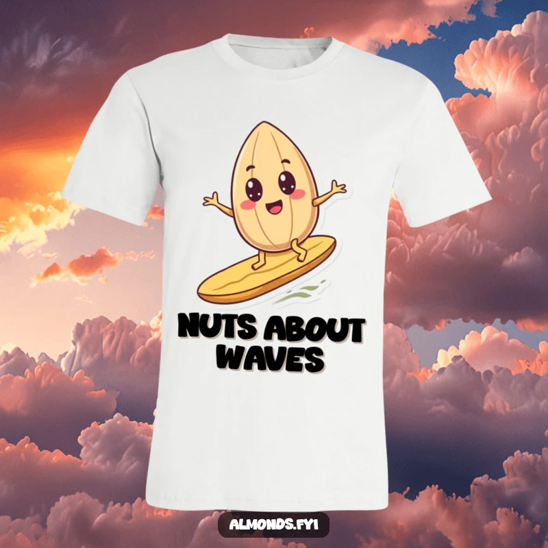 Funny googly-eyed almond character humorously surfing on a peanut, captured on a comfortable t-shirt for maximum comedic effect.