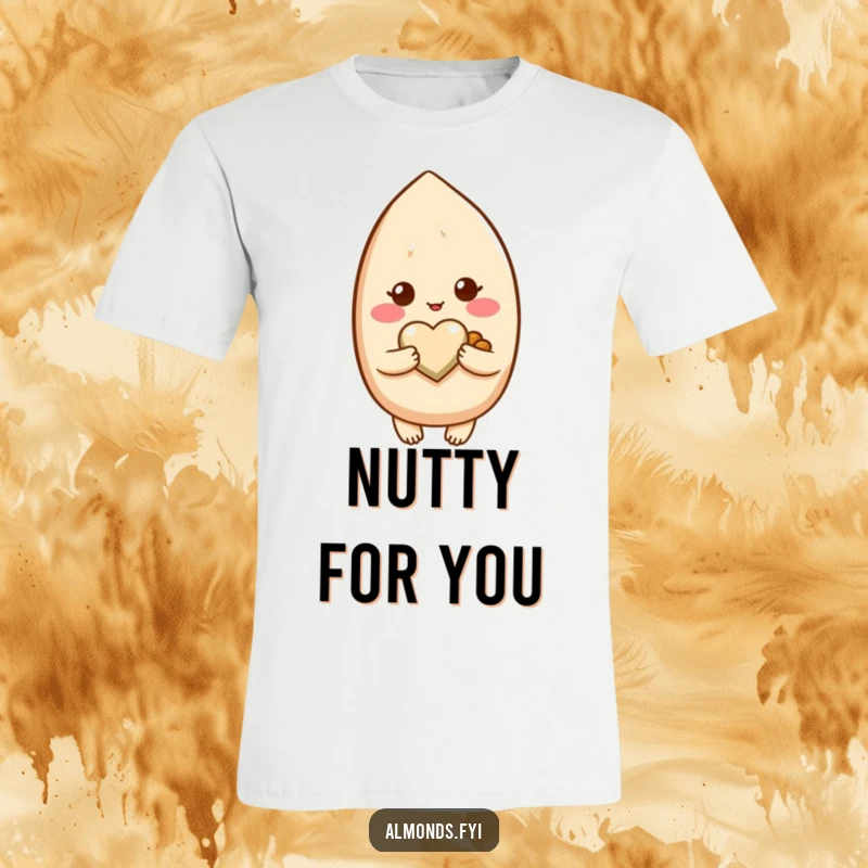 Funny T-shirt depicting a shy, blushing almond character cradling a small, adorable heart-shaped nut.