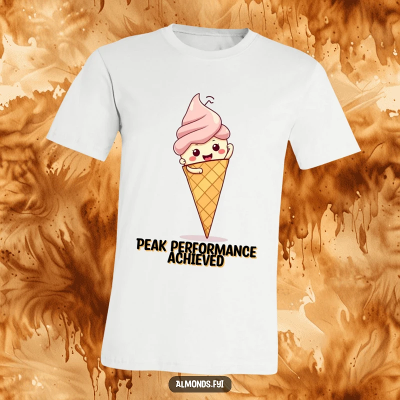 Funny t-shirt: cartoon almond determinedly scaling a massive, melting ice cream cone, representing perseverance and sweet success.