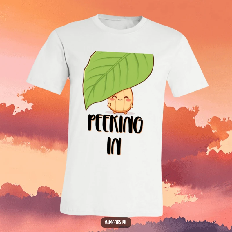Funny t-shirt showcasing a grinning almond character playfully peeking from behind a giant leaf, a delightful surprise.