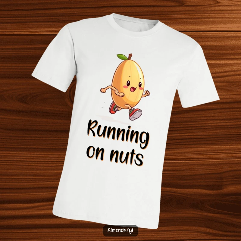 Funny t-shirt depicting a determined almond in tiny sneakers running a race, embodying speed and quirky energy.