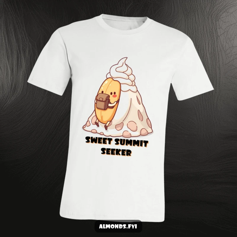 Funny determined almond with a tiny backpack, hiking up a whipped cream mountain, printed on a t-shirt.